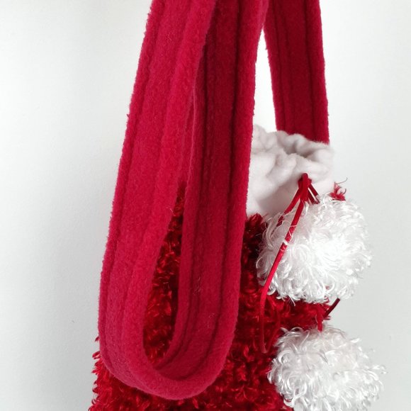 Santa Mitten Bag. Faux fur ugly sweater purse with white furry pom poms shimmery - Picture 10 of 11